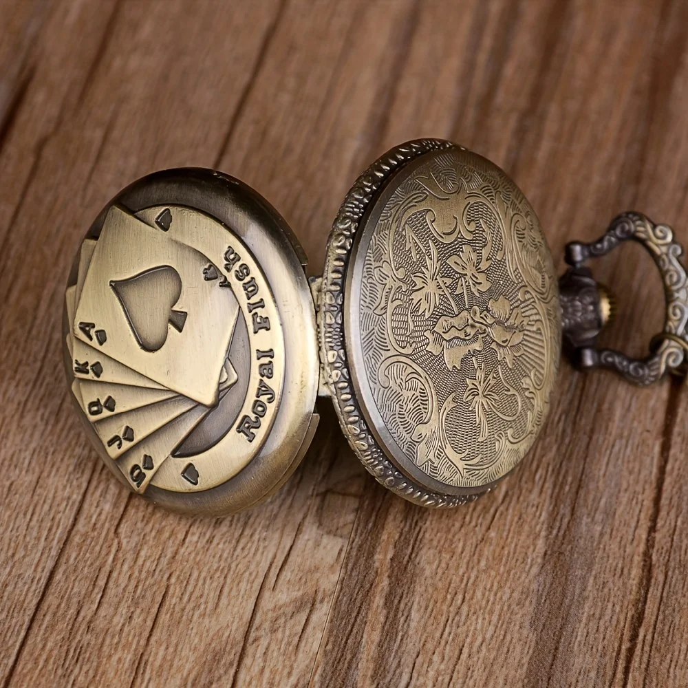 Relojes de bolsillo de cuarzo de la suerte para hombre y mujer, collar con colgante de cadena, tarjetas de póker Vintage de bronce, regalos