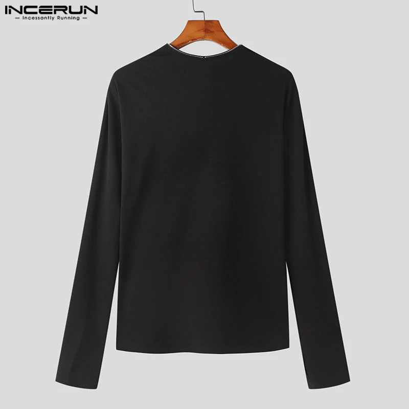 INCERUN Men\'s T Shirt Zipper Solid Color Long Sleeve Casual Men Clothing Streetwear 2023 Fitness Korean Fashion Tee Tops S-5XL