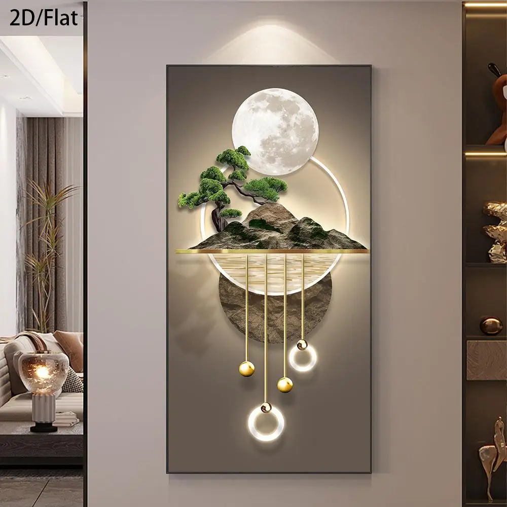 1 Modern Abstract Full Moon Canvas Art Print - Serene Bonsai and Chandelier Wall Decor, Minimalist Home Decor for Living Room an