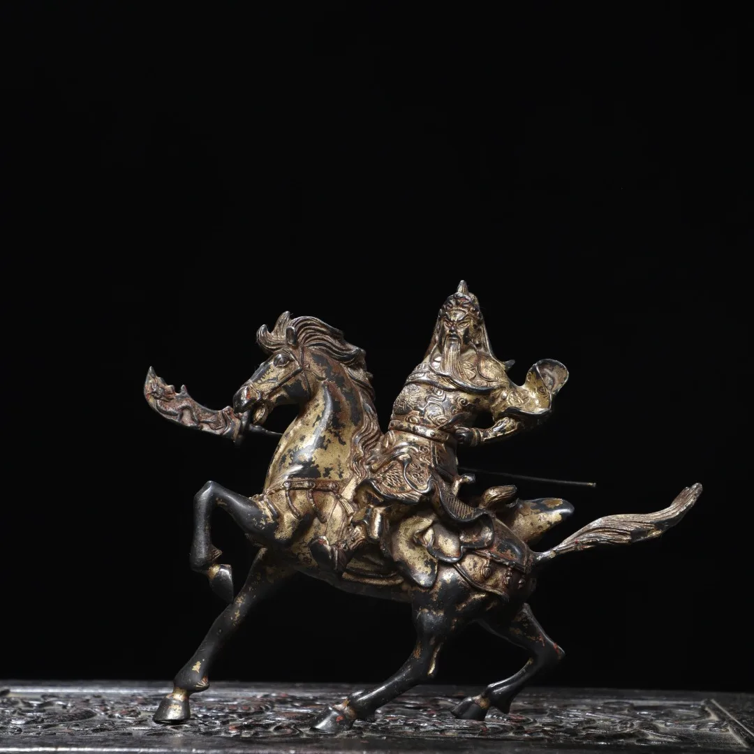 Old Bronze Cinnabar Mud gold Horse Riding Guan Gong Statue Zhan Changsha Guan Yunchang Lifting a knife Immortal statue