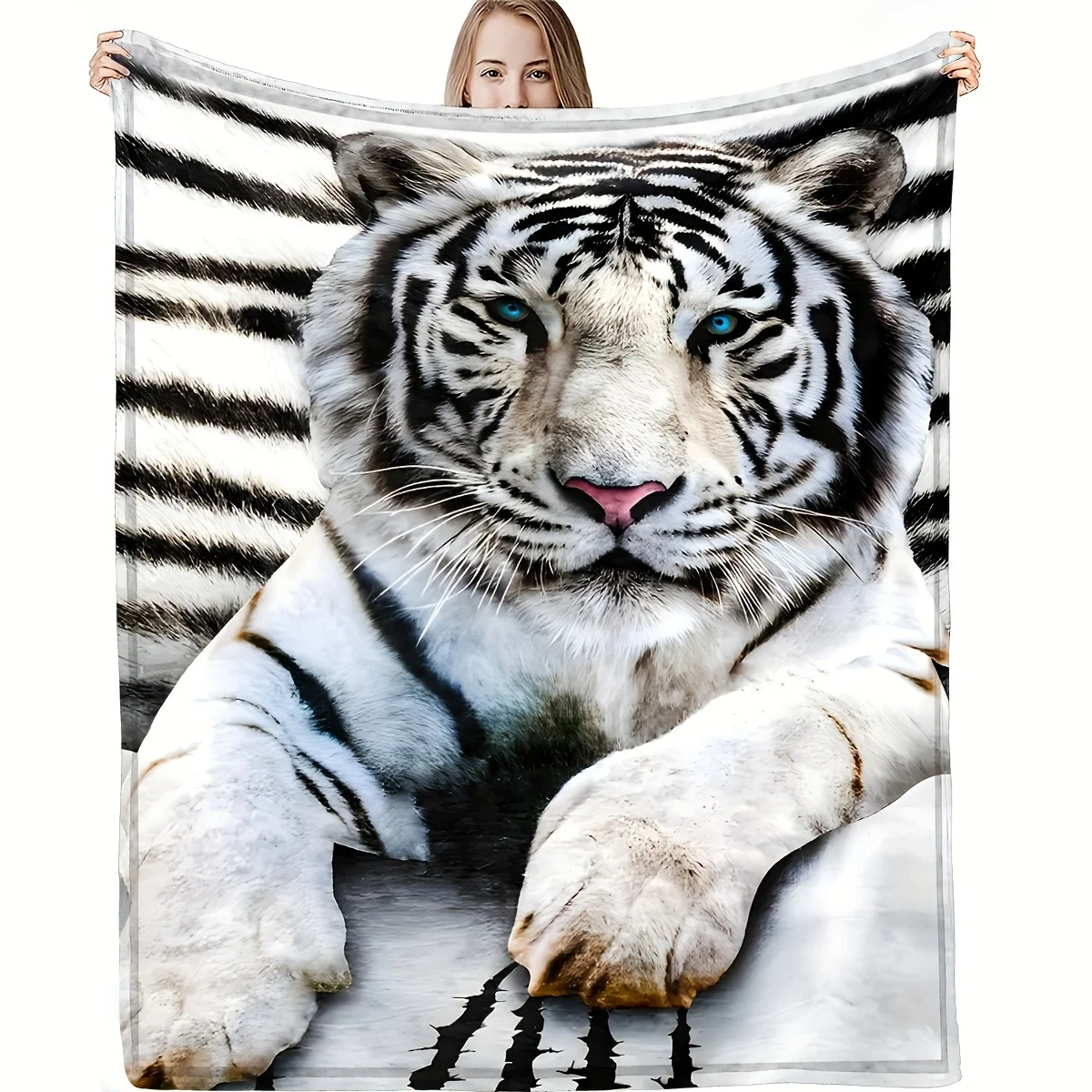 

White Tiger Print Flannel Blanket – Soft, Cozy Square Throw for Adults, Perfect for Home, Picnics & Travel