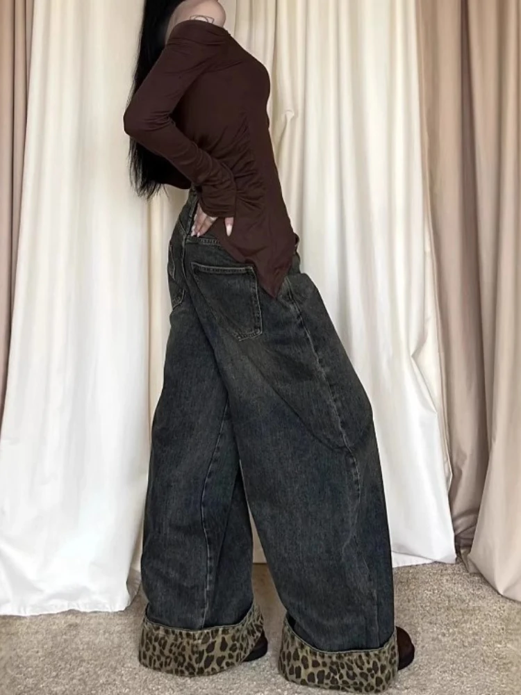 2025 American Retro Y2K Patchwork Denim Pants Women Leopard Print Trousers Oversized Wide Leg Casual Streetwear Jeans Versatile
