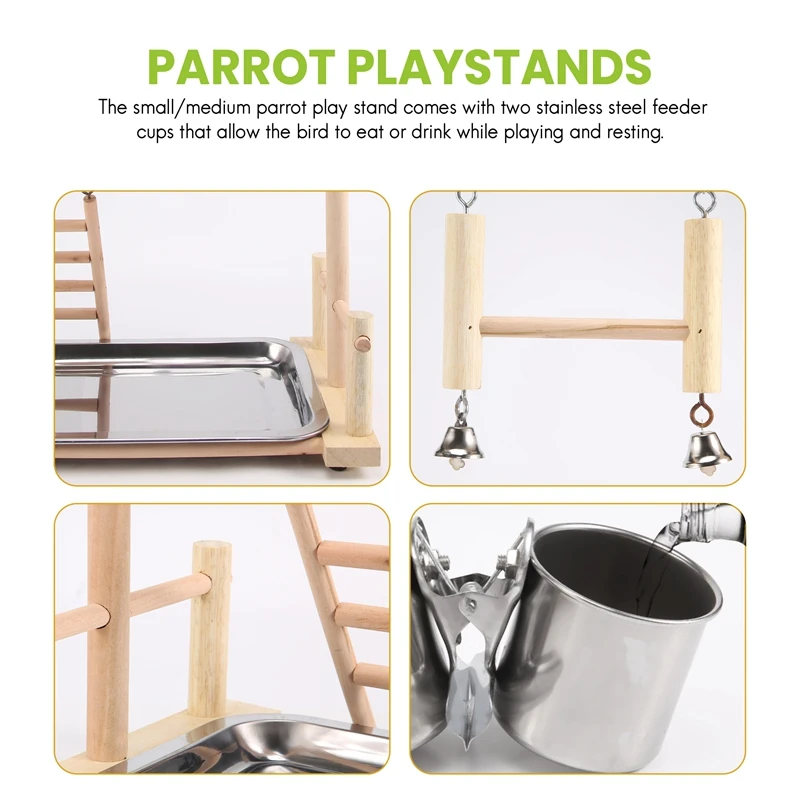 Parrots Playground,Natural Wooden Parrot Perch Gym Play Stand Parakeet Ladders With Feeder Cups And Toys Exercise Play