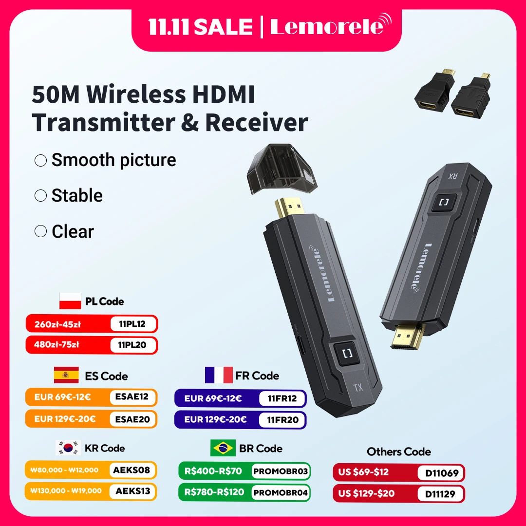 

Lemorele Беспроводной передатчик и приемник HDMI 2,4G/5,8G двухдиапазонная передача в реальном времени для мобильных телефонов/компьютеров/камер/проекторов