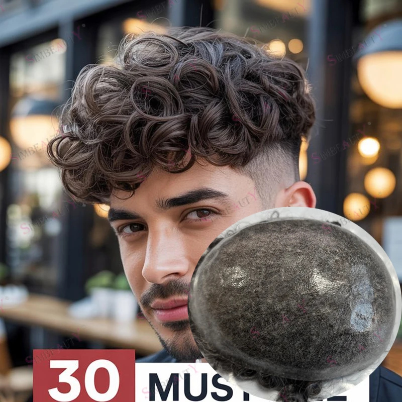 

Необнаружимые 28 мм вьющиеся мужские парики, система капиллярного протеза, прочная силиконовая основа, мужской парик, темно-коричневые, черные, серые шиньоны