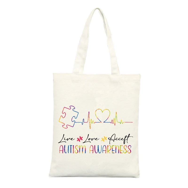 Autism Awareness Canvas Tote Bag with Puzzle Piece and Heartbeat Graphic, Ideal for Casual Daily Use and Awareness Events