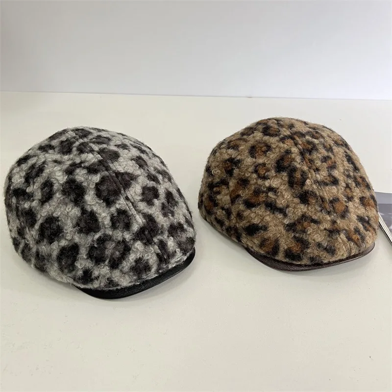 Autumn Winter Hats For Women Visors Leopard Print Retro Design Trendy Beret Painter Cap Keep Warm Pu Leather Brim Casual Caps