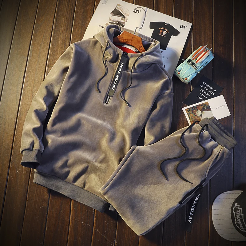 Winter Warm Mannen Fluwelen Pak Winter Nieuwe Goud Fluwelen Set Twee Stuk Trainingspak