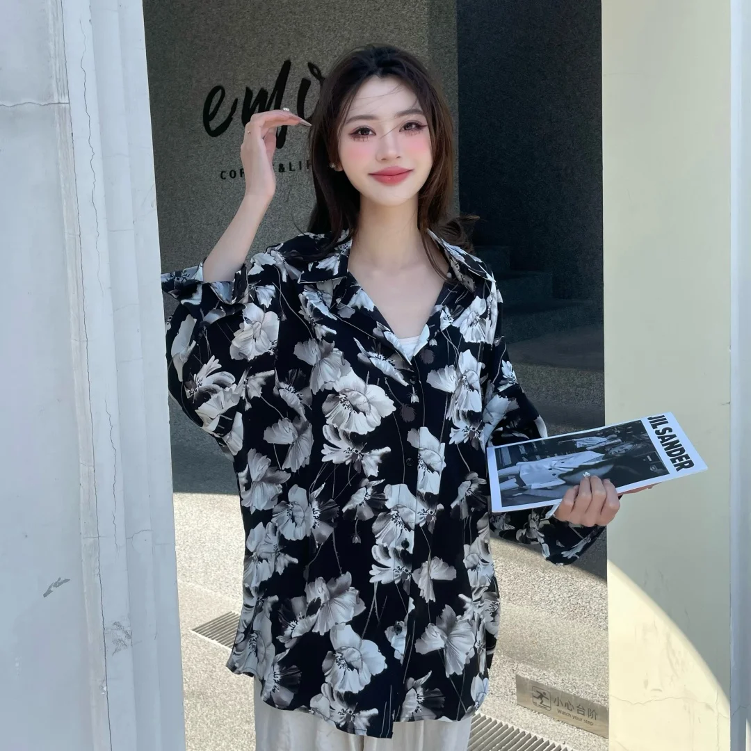Superaen manga comprida americano retro oversize solto preto branco impresso camisa casual elegante 2025 verão novas camisas de design feminino