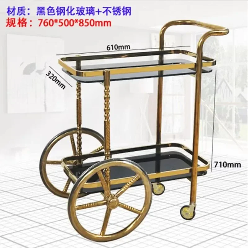 Trolley Titanium Wine Cart Stainless Steel Hotel European Dining Trolley Double Layer Service Tea Cart Dessert Cart