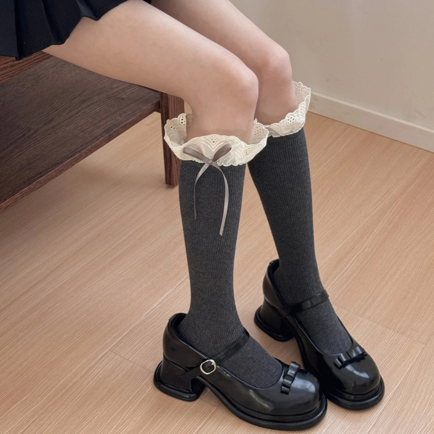 

Bow Stockings Sweet Girl Lolita Kawaii Lace Ruffle Socks Women Stockings Japanese JK School Girl Cotton Knee Socks Stockings Sox