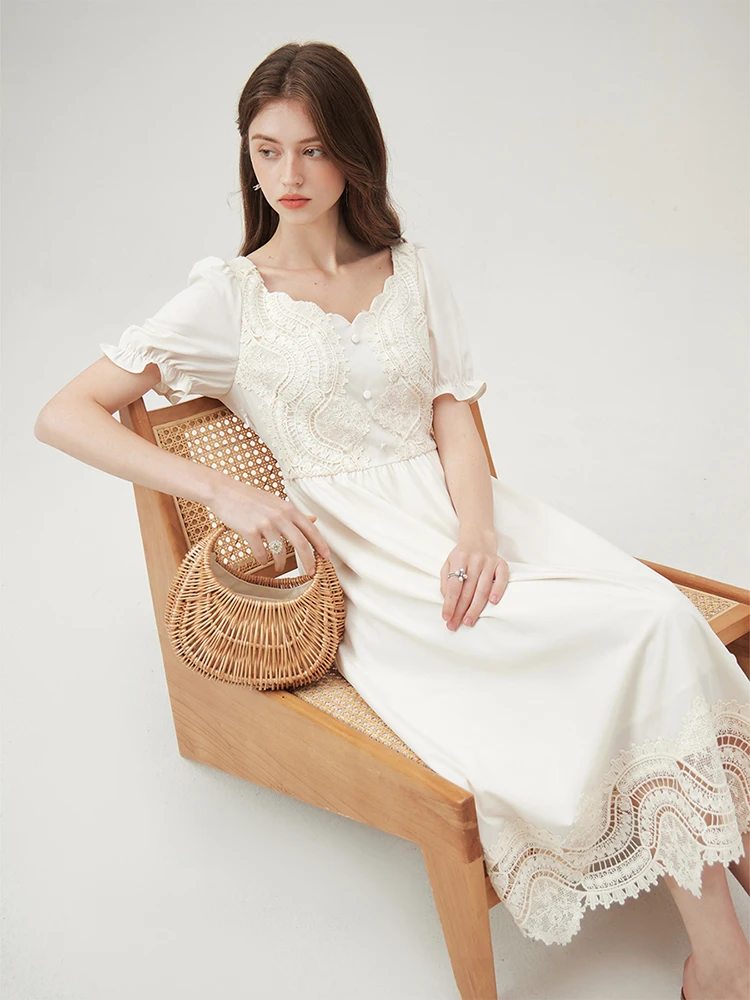 FSLE Baroque French Style Lace Design Summer Long Women Dress 2024 Summer New V-Neck Elegant Women's White Dress 24FS12474