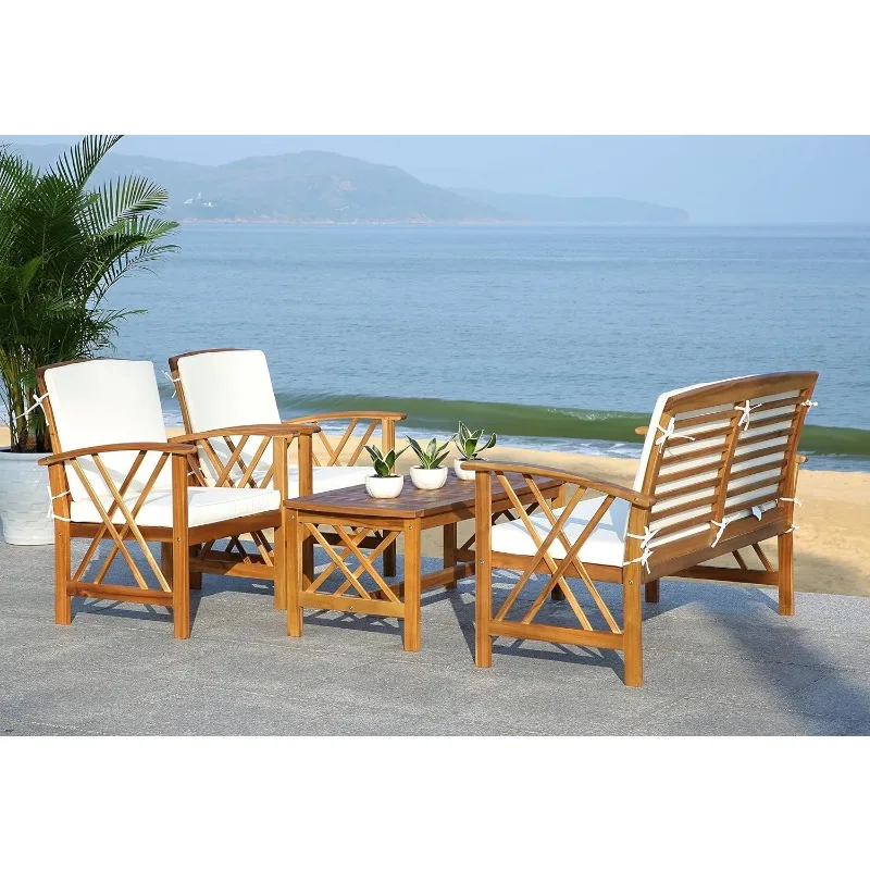 Safavieh Outdoor-Kollektion Fontana Natural/ Beige 4-teilige Gesprächs terrasse mit Kissen