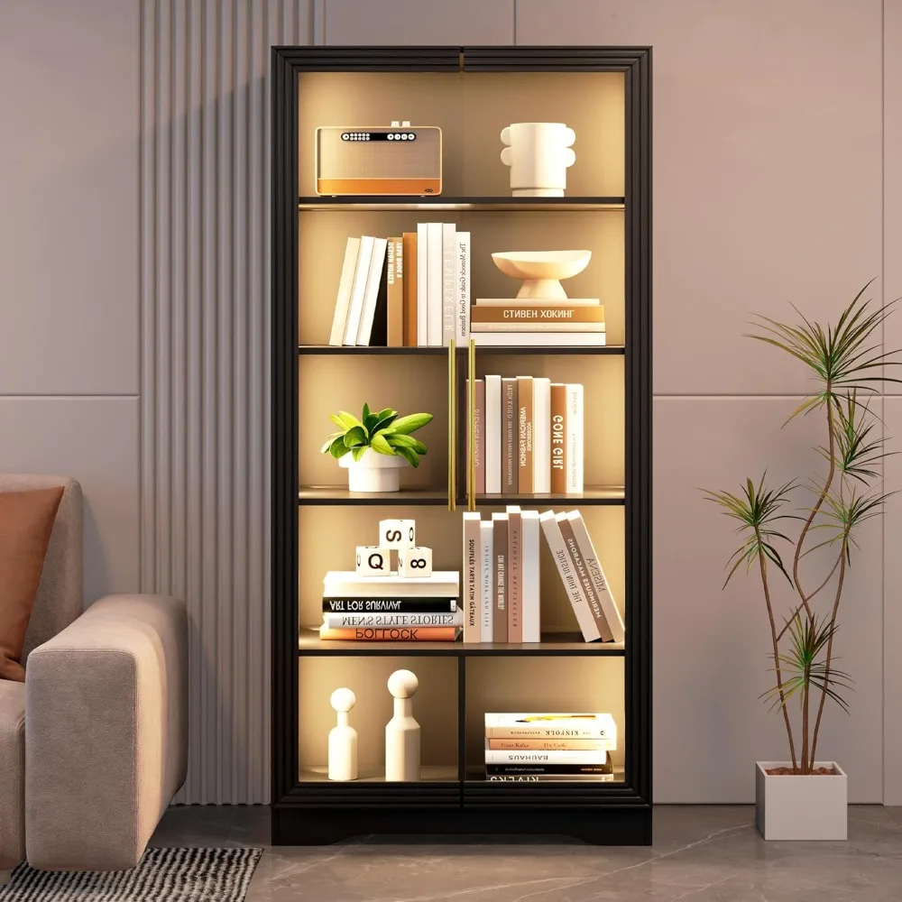 Luxury Glass Door Display Cabinet, 65 High Bookcase with 3 LED Lights and Human Body Sensor, 5-Tier Showcase for Collections