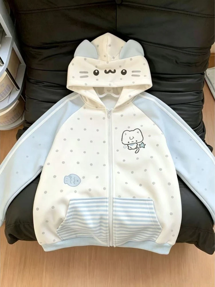 Japanese Sweet Polka Dot Stripe Cat Ear Hooded Coat Women Kawaii Fashion Loose Sweatshirt Coat Autumn Casual Cute Coat New