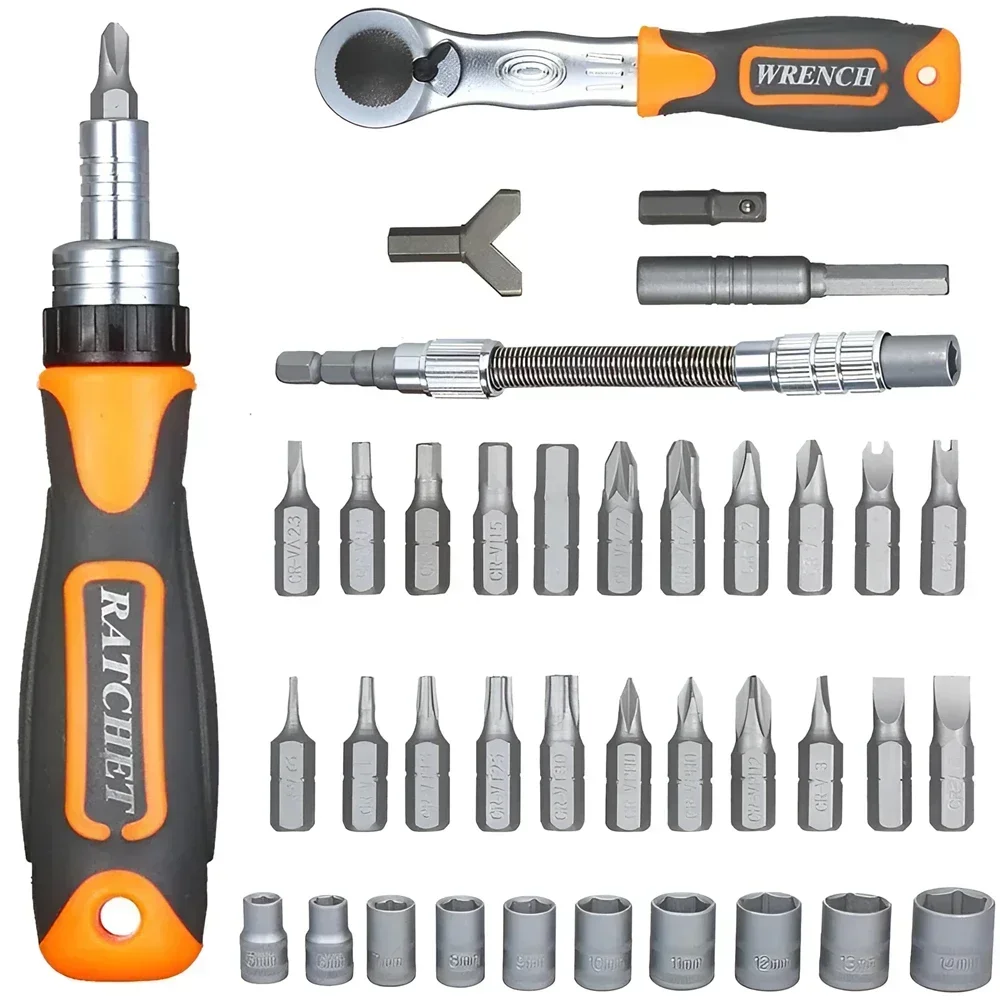 38Pcs 2880B Ratchet Screwdriver Wrench Set Hexagon Sockets Phillips Slotted Bits Portable Box Daily Repair Hand Tools