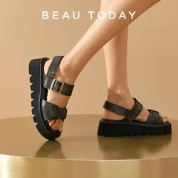 BEAUTODAY Platform Sandals Women Genuine Leather Solid Open Toe Anti-Slip Sole Design Adjustable Metal 2024 Flats Handmade 38251