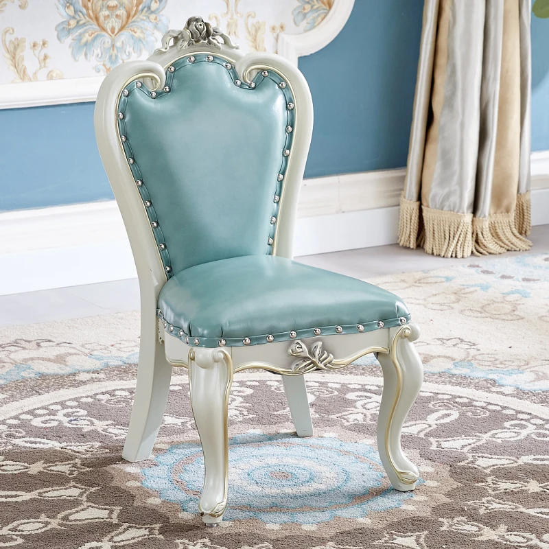 

European children's chair household solid wood leather low stool peacock blue light luxury bench back chair American coffee