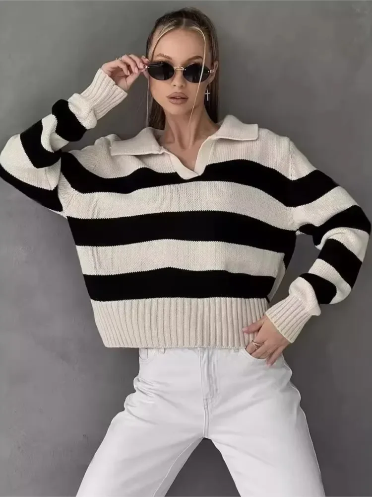 

Women's Fall Winter Turn-Down Collar Vintage Jumpers Streetwear Loose Knit Sweater Fashion Stripe Long Sleeve Pullovers Tops