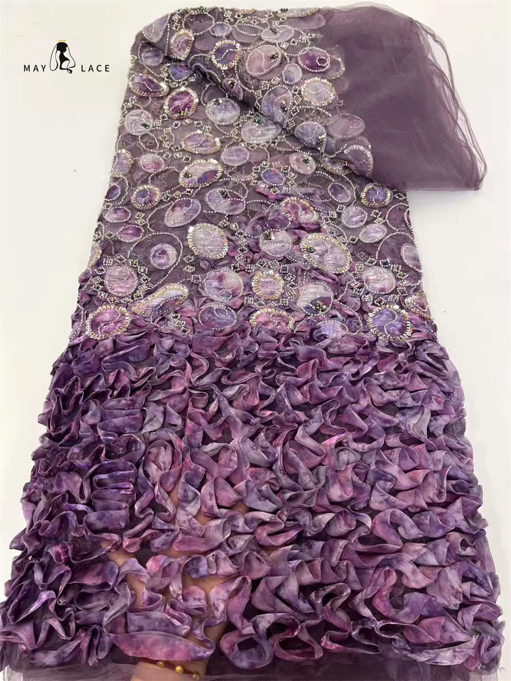 Luxury French Embroidery 3D Flower Lace Fabric African Nigerian Sequins Lace Fabrics Bead For Wedding
