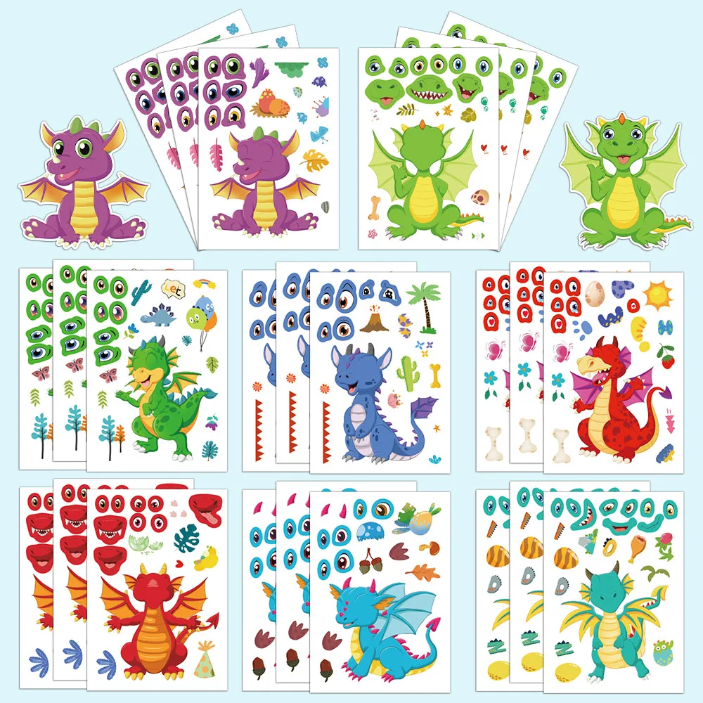 8PCS Dinosaur Series Cartoon Fun Puzzle DIY Face Changing Entertainment Parent  Interactive Early Education Stickers