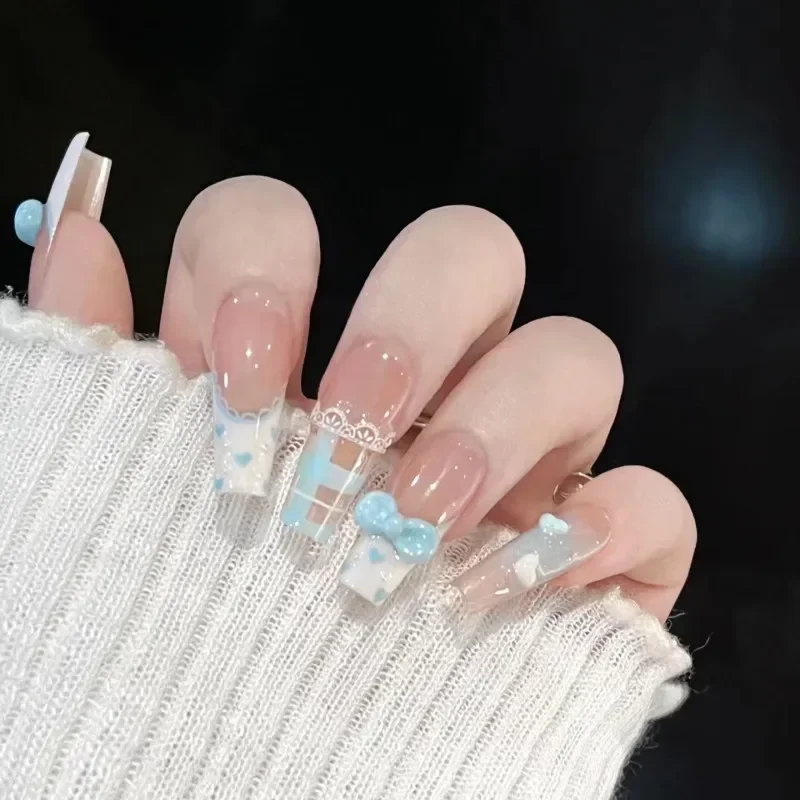 

Синие накладные ногти ручной работы с кружевным бантом, милые, сексуальные, простые, с ручной росписью, французский маникюр, летние, средней длины