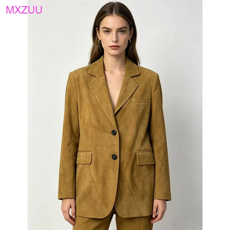 Real Suede Jacket Spring Women Old Money Style Retro Casual Long Sleeve Back Split Slim Sheepskin Suit Jacket Blazer Veste Femme