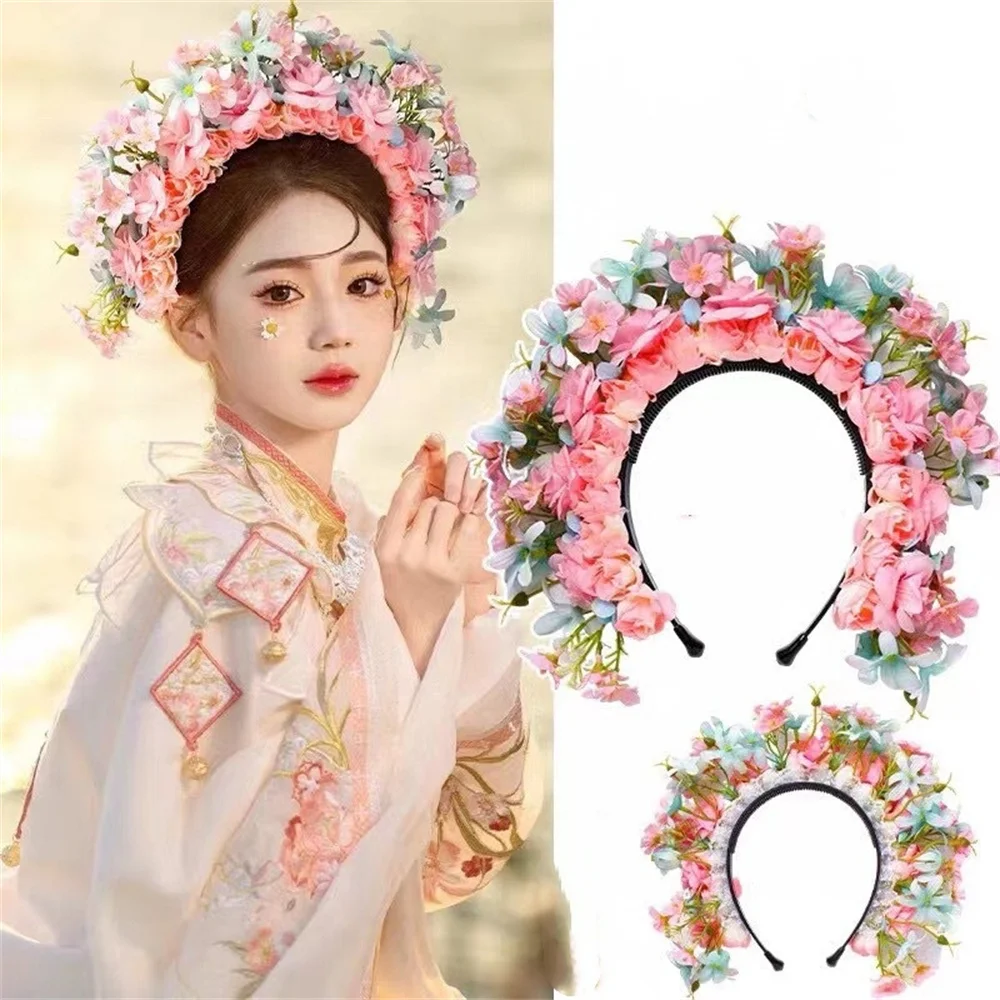 Colorful Double-sided Big Flower Crown Wreath Headband Vacation Hanfu Art Photography Beautiful Women Hair Decoration Headwear