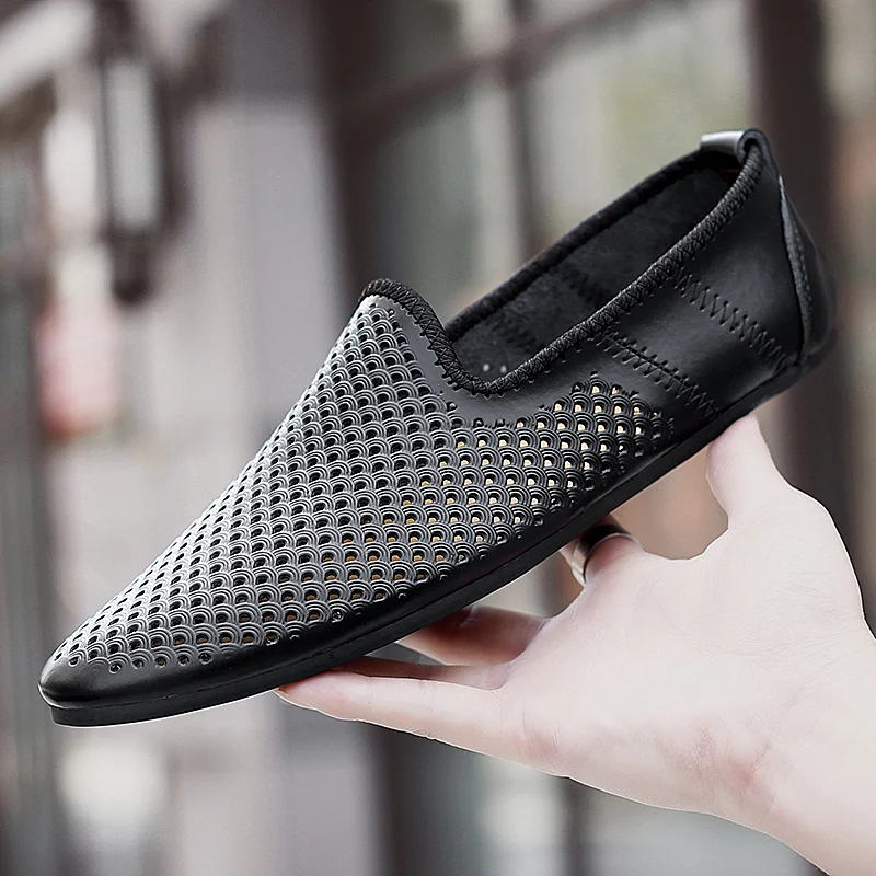 

New Mens Shoes Luxury Summer Breathable Loafers Genuine Leather Moccasins Hollow Out Shoes for Men Slip on Driving Shoes Zapatos