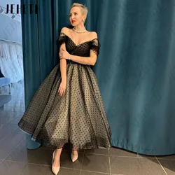JEHETH Polka Dot Tulle Prom Dresses Off Shoulder V Neck A Line Ankle Length Corset Black vestidos de fiesta elegantes Customized