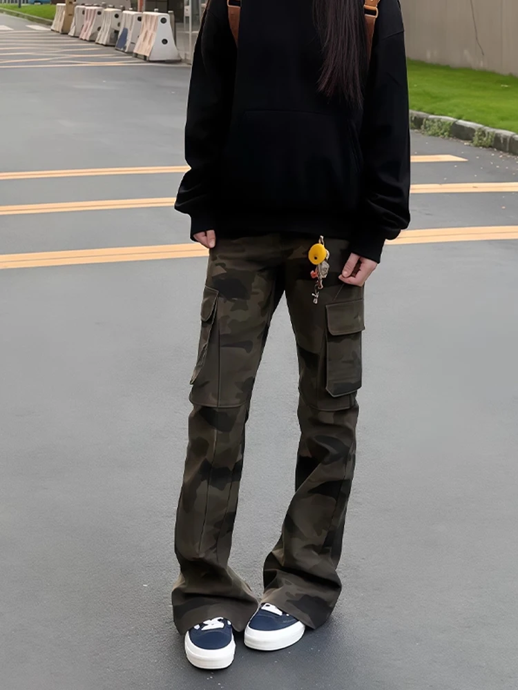 

American High Street Camouflage Jeans Men's High Waist Slim Fit Narrow Version Micro Flare Workwear Pants Straight Tube