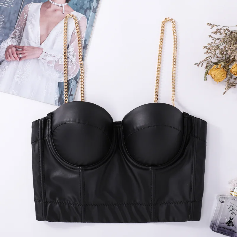 

Sexy Pure Color Gold Chain Strap Vest Women's PU Leather Wrap Chest Thiened Dancewear Summer Faion Trend Bodycon Top