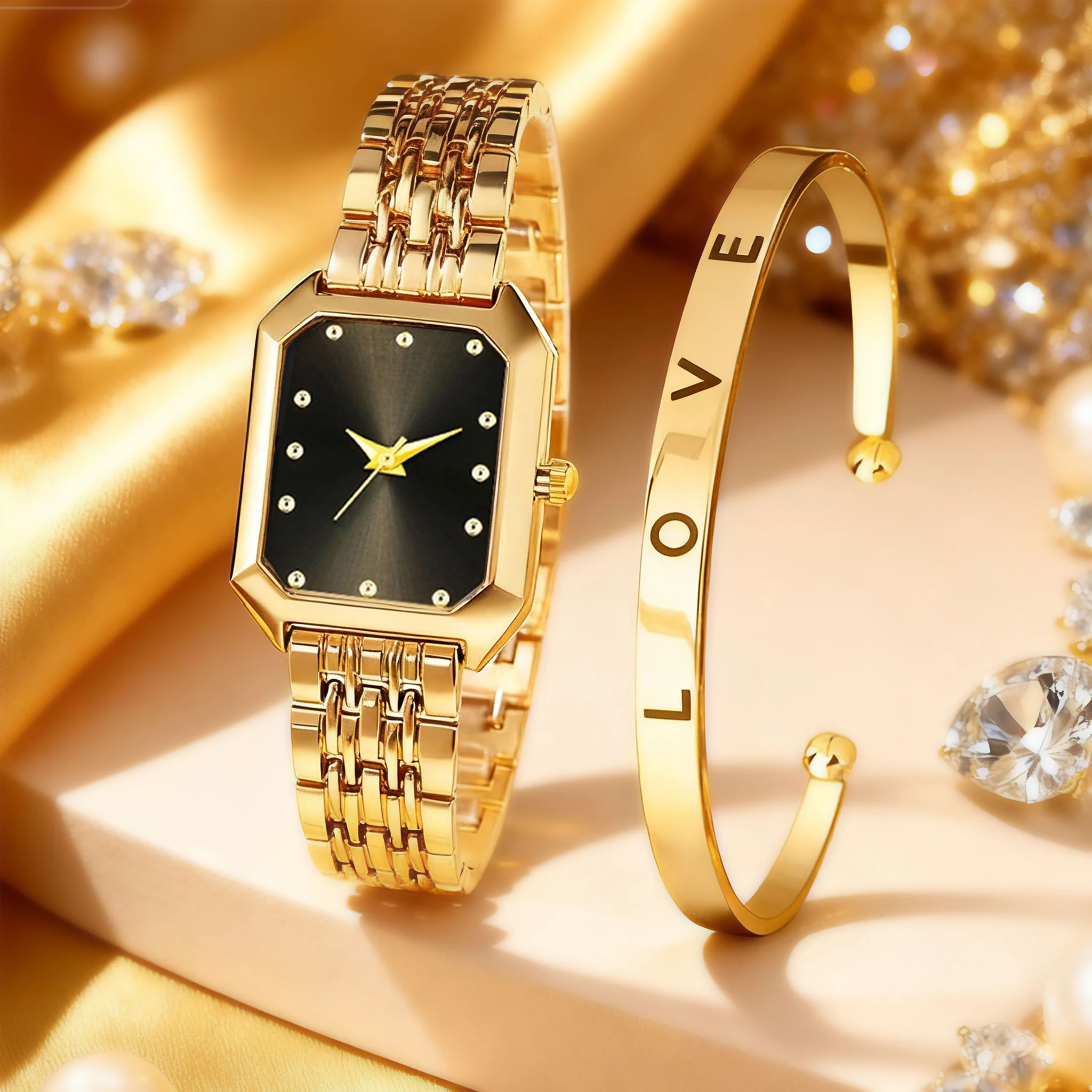 Fashionable 2Pcs Quartz Watch Jewelry Set, Versatile Everyday Accessory Gift for Her