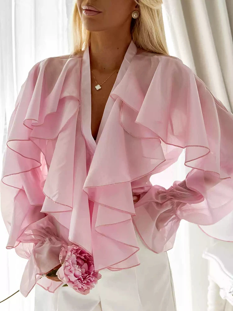 

Женская элегантная блузка из шифона для повседневной носки, летняя, с длинным рукавом, однотонная, для отпуска, весна 2026, сексуальная, с V-образным вырезом и оборками
