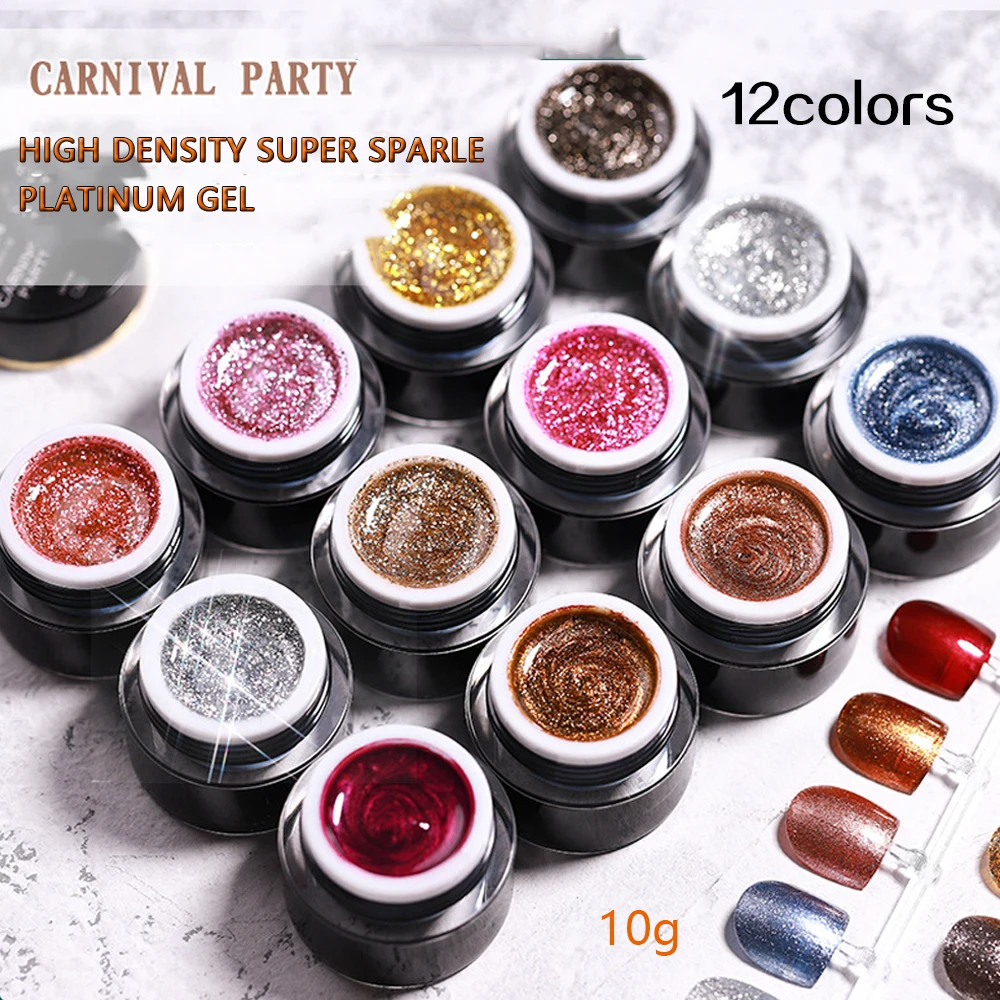 Vendeeni 12 Colors/set Japanese Glitter Gel Nail Polish Shiny Sequins Platinum Metal Soak Off Gel Sequins for Nail Art Design