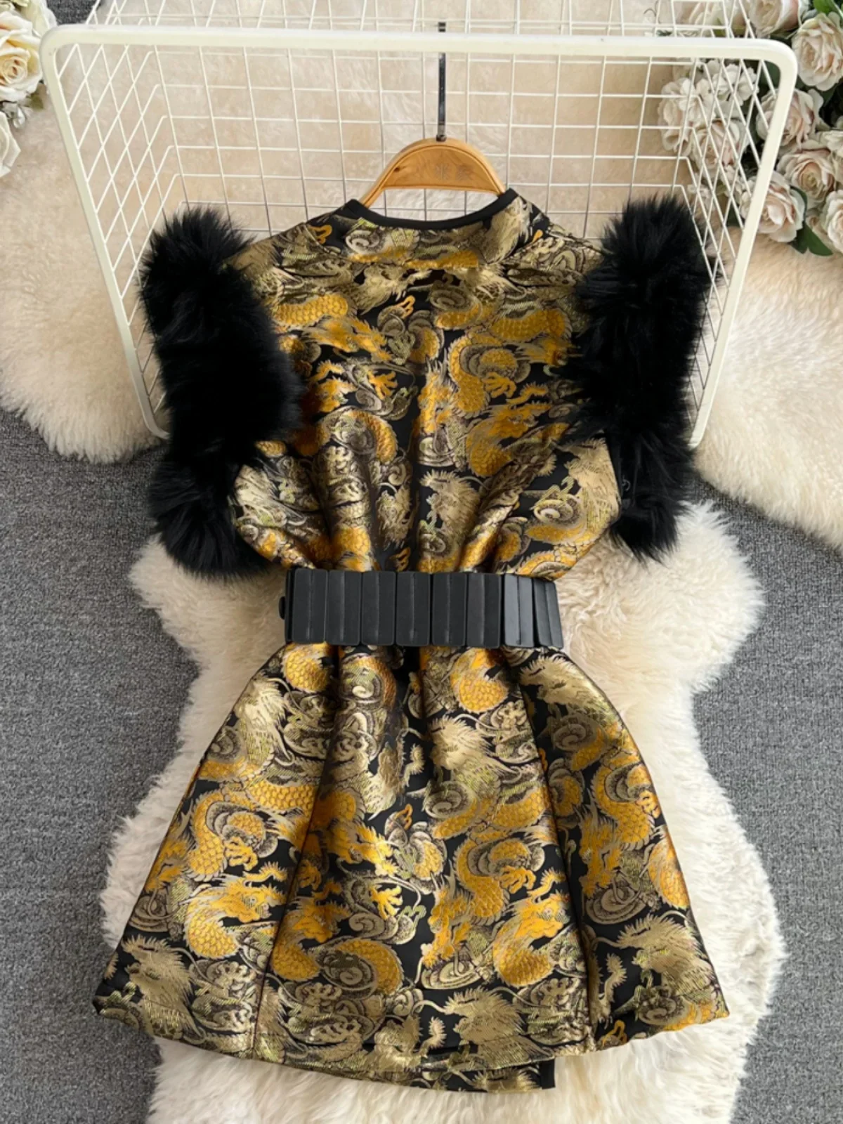 Autumn and Winter Retro Chinese-style Faux Fur Splicing Vest Stand-up Collar Waist Slim Short A-line Jacquard Dress