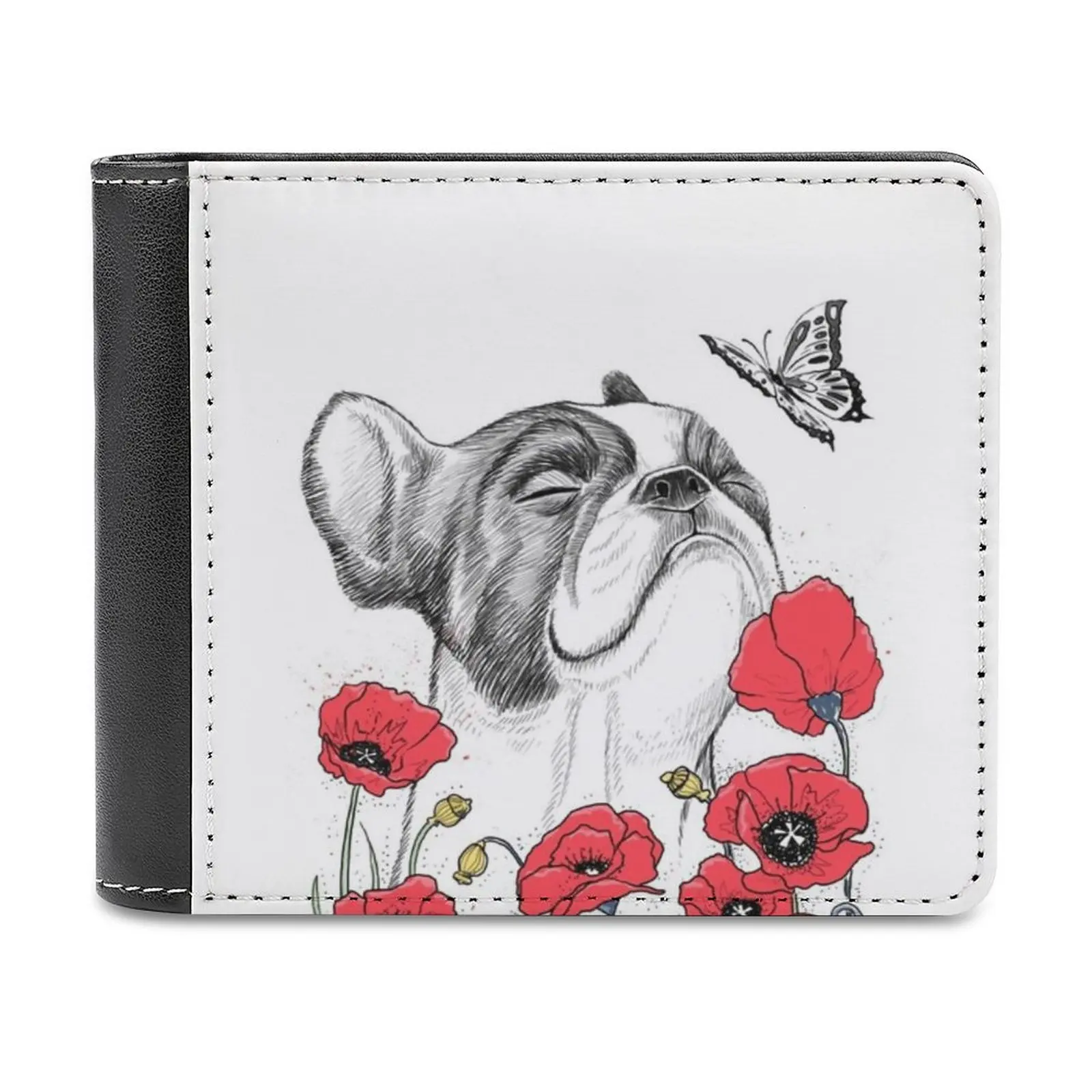 

Pug In Flowers Leather Wallet Men's Wallet Purse Money Clips Pug Dog Flowers Spring Pleasure Animal Cute Graphic Personalized