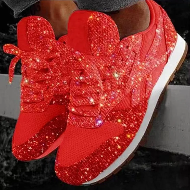 Ladies New Casual Glitter Shoes Mesh Flats Ladies Sequin Vulcanized Shoes Lace Up Sneakers Outdoor Sports Running Shoes