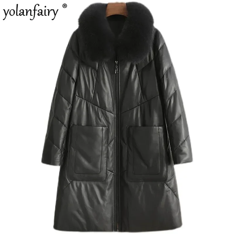 2023 New Winter Natural Sheepskin Coat Women's Clothes Genuine Leather Down Jacket Female Fox Fur Collar Fashion Versatile Coats