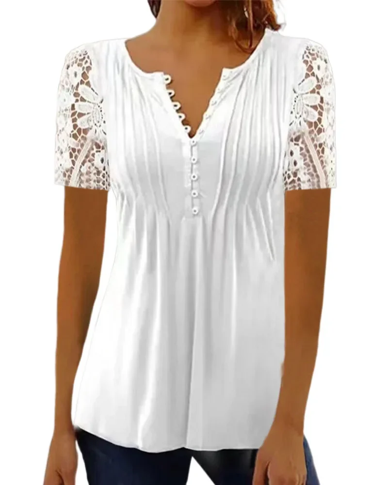 Verão primavera nova feminina solta e confortável casual renda com decote em v blusa impressa floral manga curta elegante moda camisa