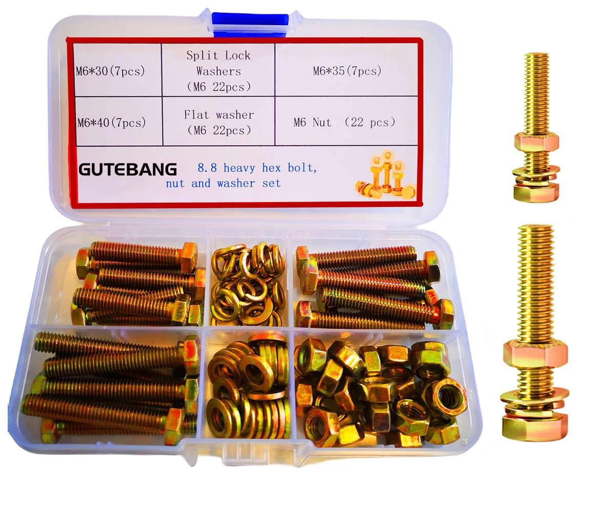 

Hexagon bolt combination kit, 8.8 grade M6 M8 M10, heavy alloy steel, yellow zinc finish, metric hex bolt nut washer kit