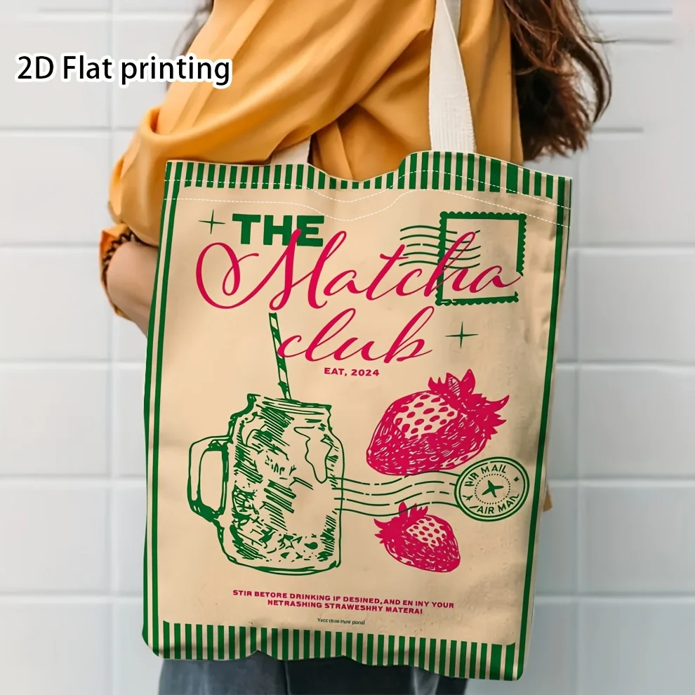 The Matcha Club Strawberry Matcha Rendezvous Art Tote Bag Reusable Shopping Bag Fashionable Womens Daily Accessory Travel Bags