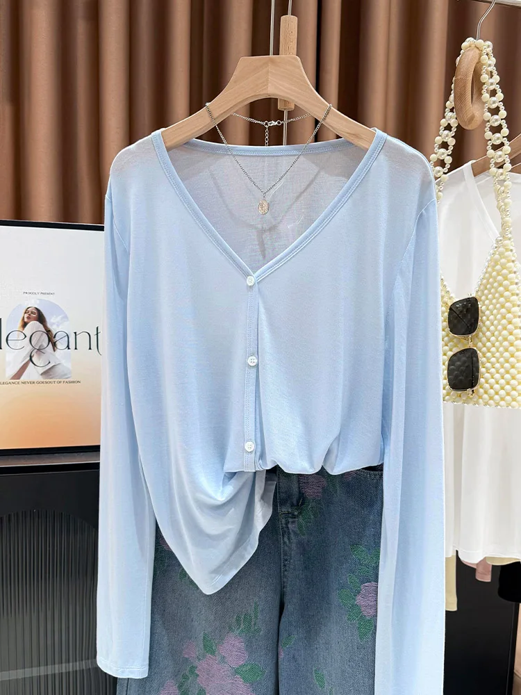 

Blue Lenzing Lyocell Knitted Sun Protection Cardigan Women Summer Beachwear Cover up Thin irt V Ne Long Sve Soft Fabric