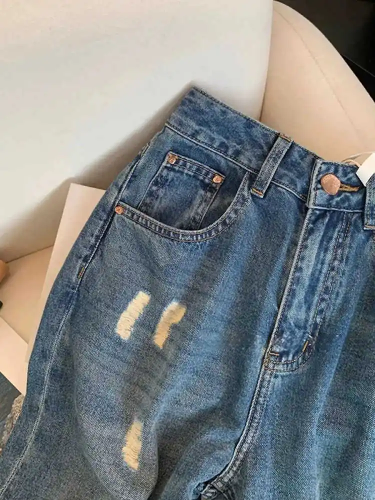 

Blue Ripped Hole Ankle-length Jeans Women's Summer Thin Straight Denim Trousers Casual Loose High Waist Cowboy Wide Leg Pants