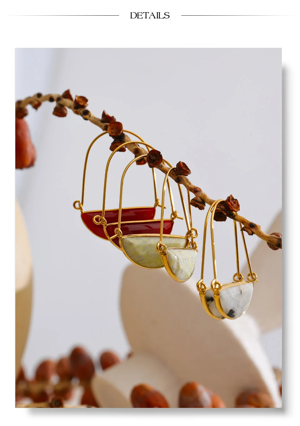 Yhpup Neuheiten Edelstahl-Mondstein-Achat-Creolen Hochwertige Modische Goldfarbene Ästhetische Ohrschmuck – Detail 8