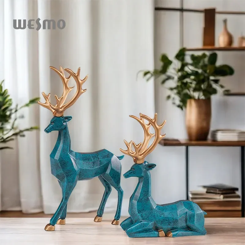 High-End Painting Minimalist Home Decor Resin Animal Craft Deer Figurine Statue Antique Blue and Gold Polyresin Sculpture