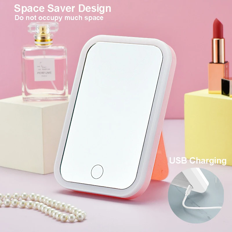 Compact LED Light Mirror Portable Rechargeable Touch-Screen Desk Vanity Makeup Mirrors Intelligent Brightness Adjustable