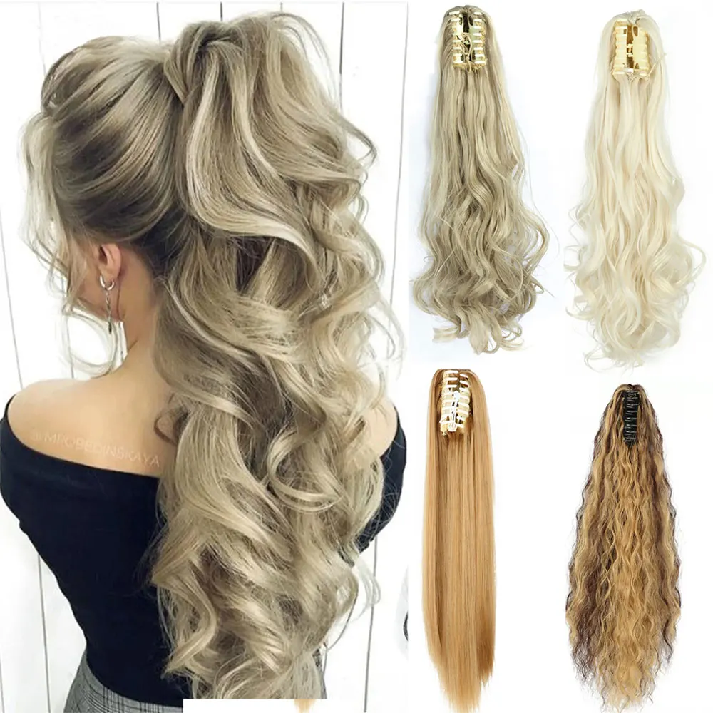 Synthetic Long Straight Claw Clip On Ponytail Hair Extensions 20Inch Heat Resistant Pony Tail Hair piece For Women Daily Party