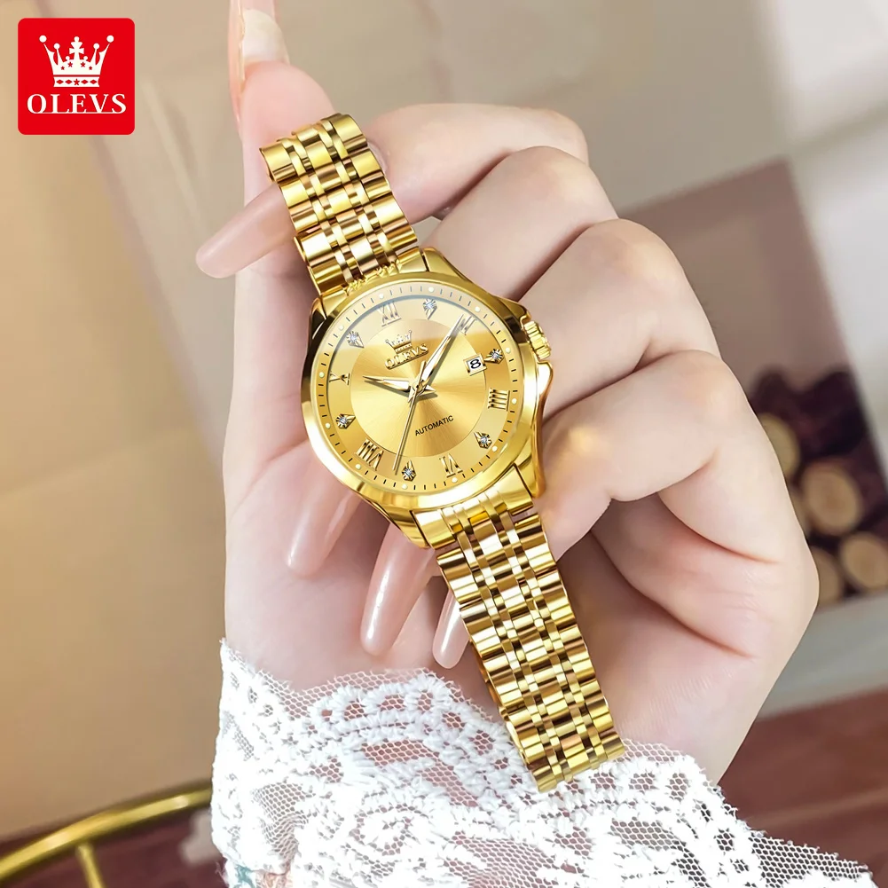 OLEVS Women\'s Mechanical Watch Stainless Steel Strap Dual Calendar Luxury Ladies Wristwatch Original Automatic Watches for Women