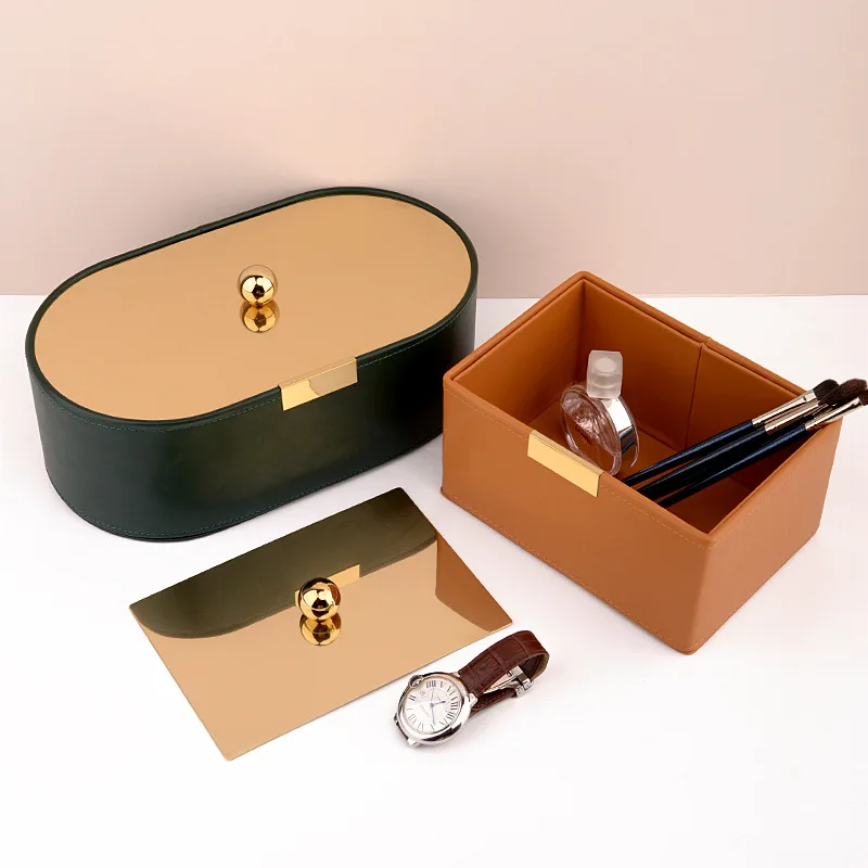 Leather storage box with lid, desk office storage basket, cosmetics organizer box, solid color storage box, table ornaments